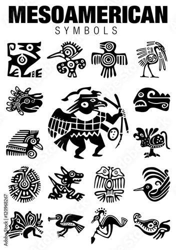 Set of Mesoamerican Symbols in black color on white background