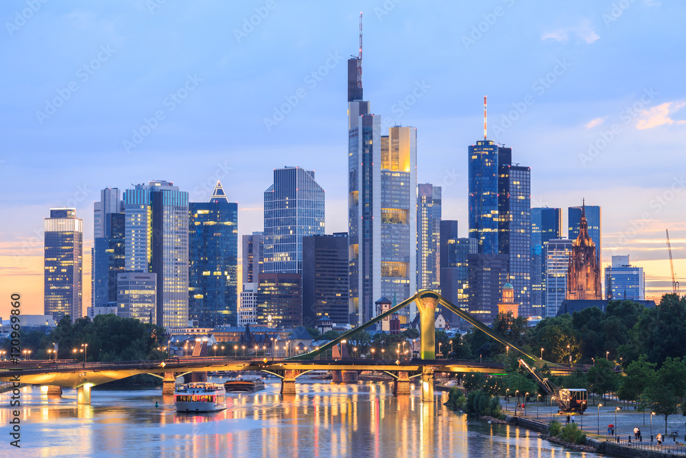 view of Frankfurt am Main skyline at dusk