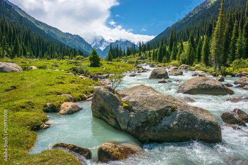 Mountain landscape with a turbulent river, Kyrgyzstan.