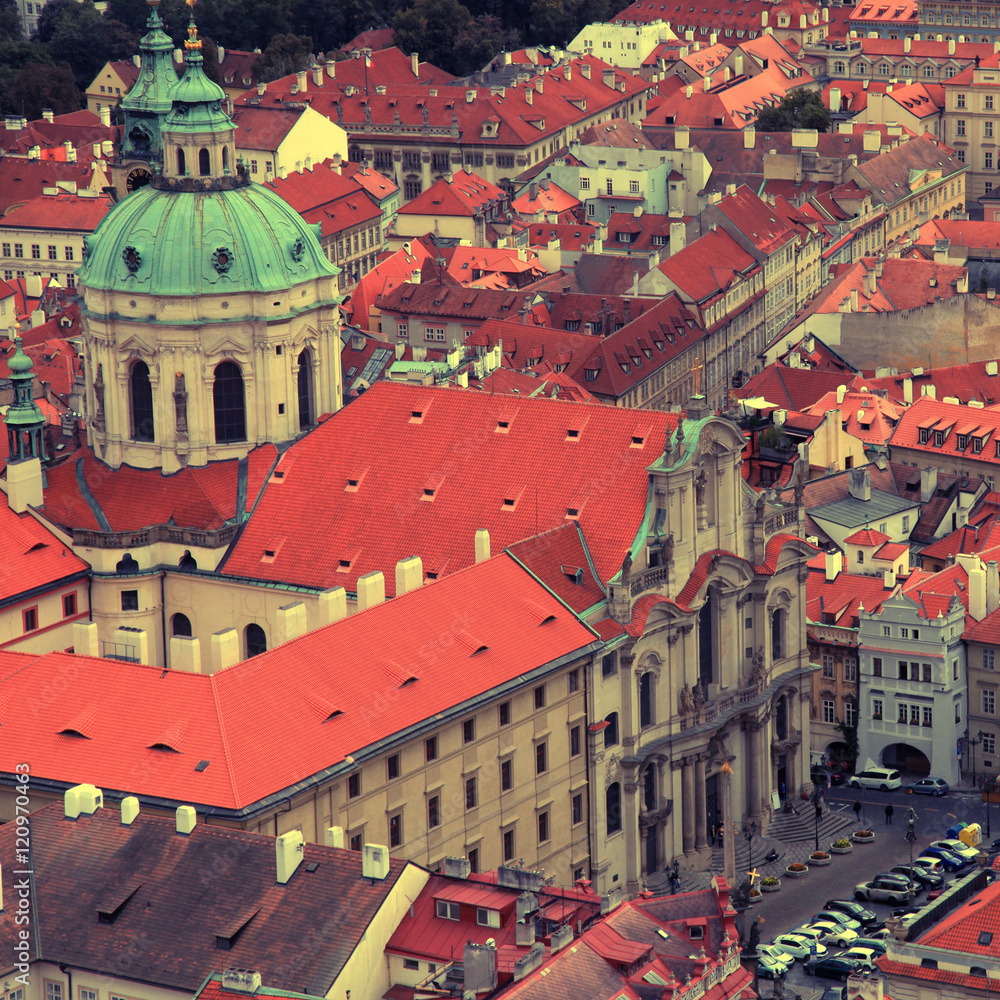 Panorama of Prague Old Town with red roofs, Czech Republic.