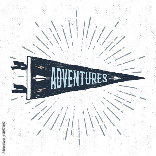 Hand drawn adventure pennant flag vector illustration and "Adventures" inspirational lettering.