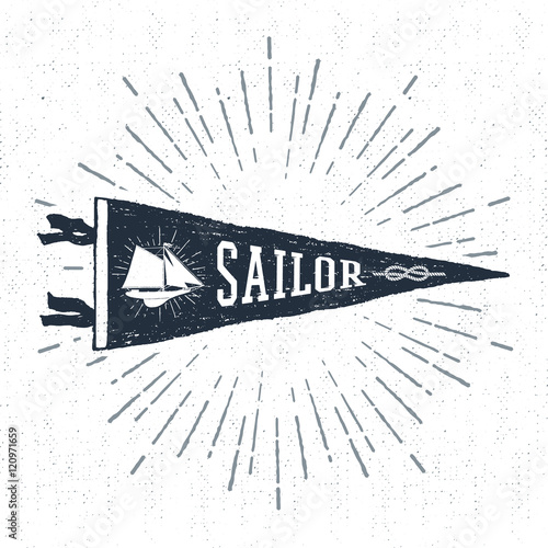 Hand drawn adventure pennant flag vector illustration and "Sailor" lettering.