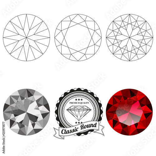 Set of classic round cut jewel views isolated on white background - top view, bottom view, realistic ruby, realistic diamond and badge. Can be used as part of logo, icon, web decor or other design.
