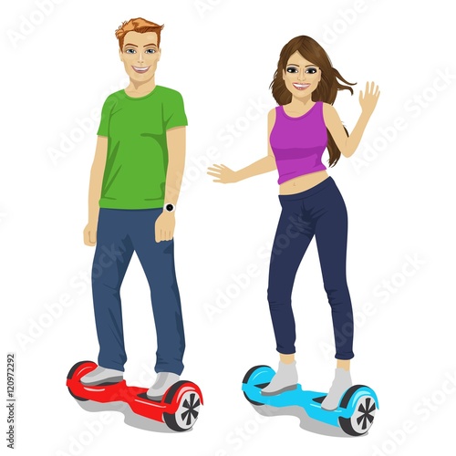 happy young couple riding gyroscooter - eco transport, hoverboard, smart balance wheel
