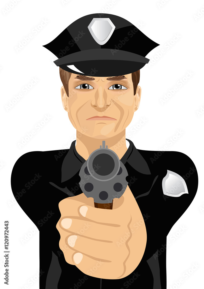 mature policeman holding revolver gun