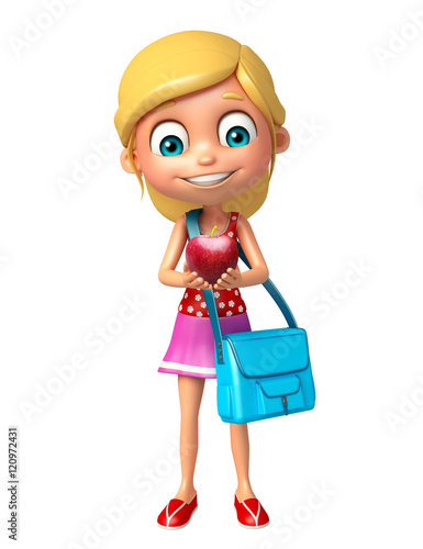 kid girl with Apple and Schoolbag