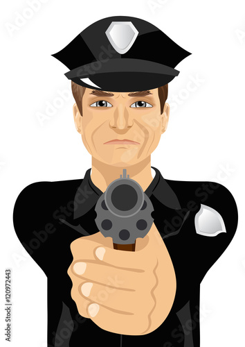 mature policeman holding revolver gun