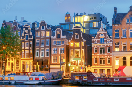 Amsterdam. Night view of the houses along the canal.