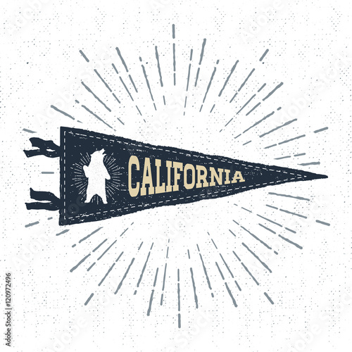 Hand drawn adventure pennant flag vector illustration and "California" lettering.