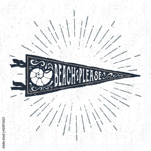 Hand drawn adventure pennant flag vector illustration and "Beach please" ironic lettering.