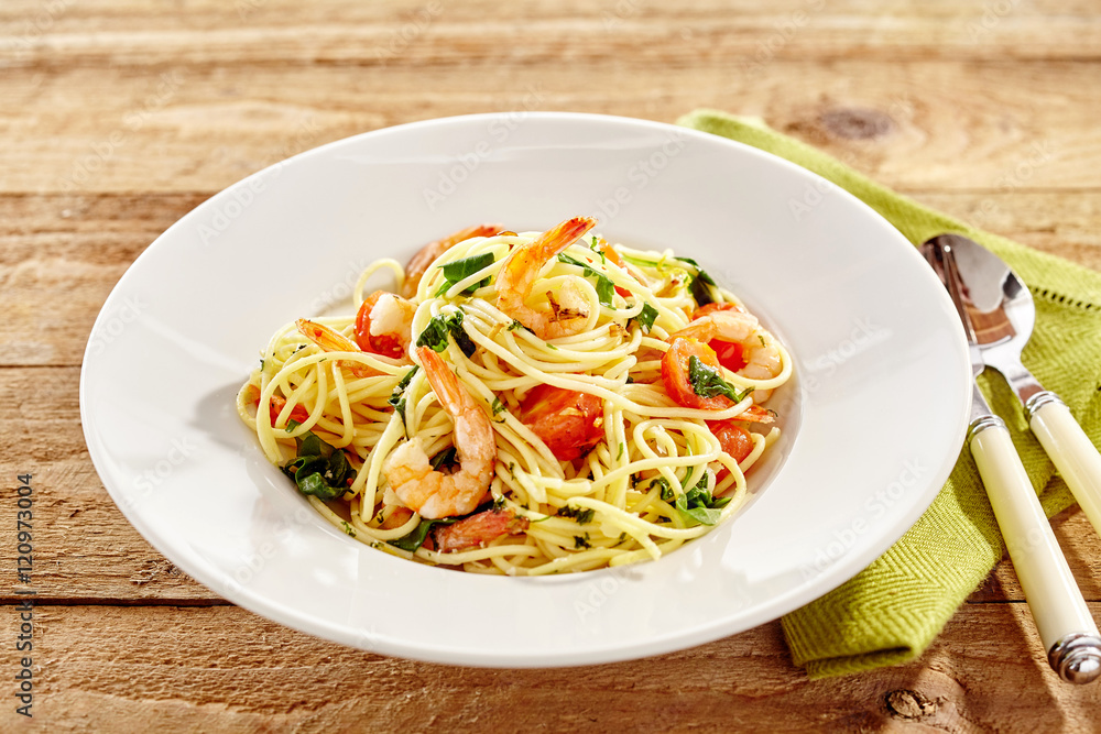 Gourmet seafood pasta with shrimp tails