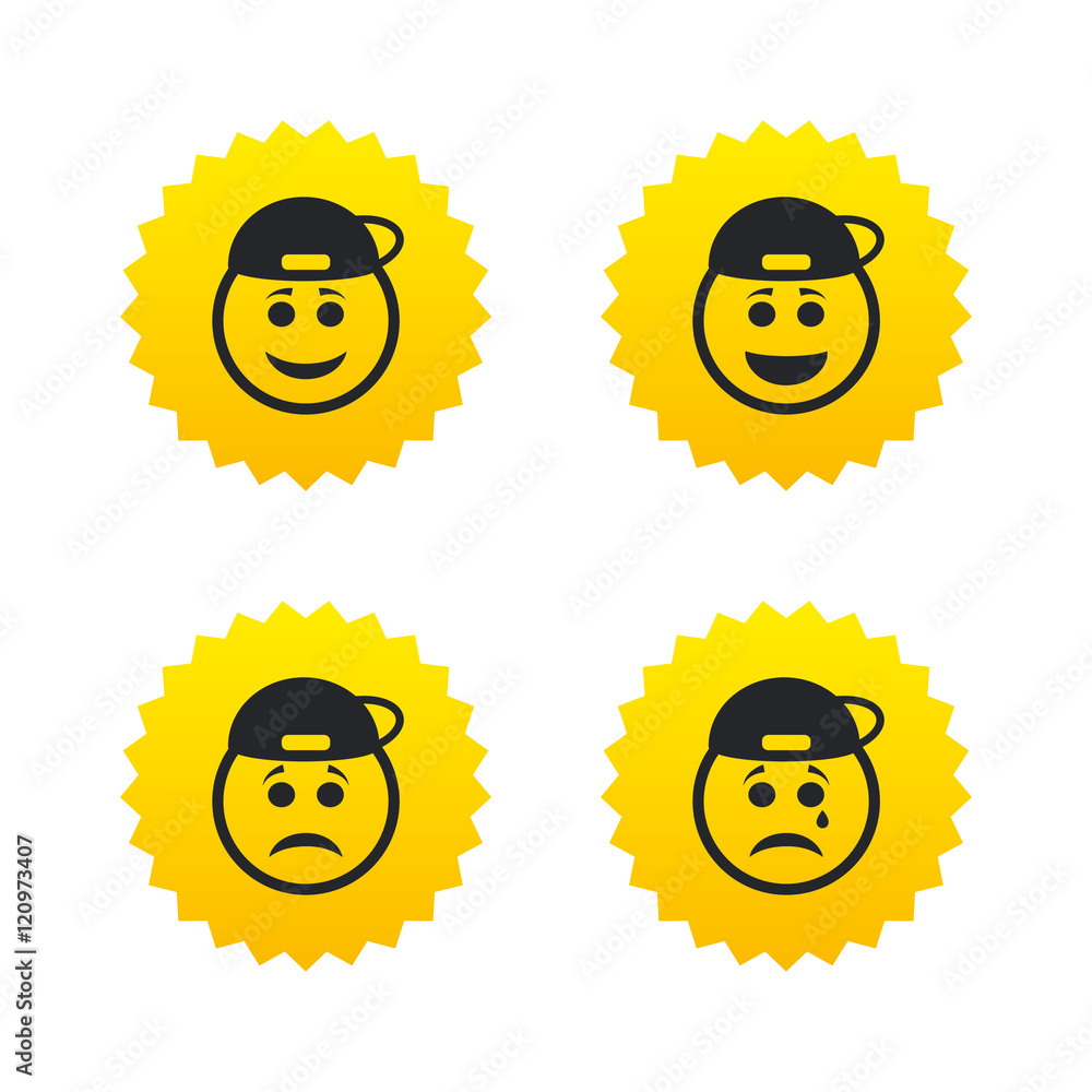 Rapper smile face icons. Happy, sad, cry.