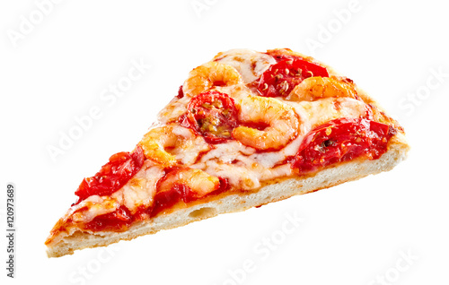 Gourmet Italian pizza slice with shrimp tails