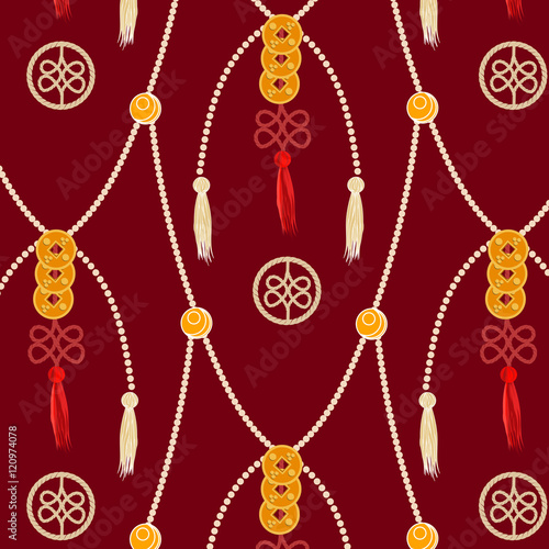 Pattern in the Chinese style with gold beads and ancient Chinese coins Feng Shui on burgundy background.