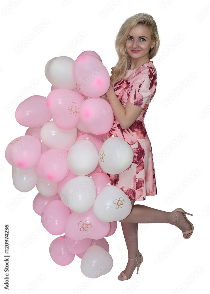 Beautiful girl with long blond hair is holding a lot of white and pink balloons. White isolated background.