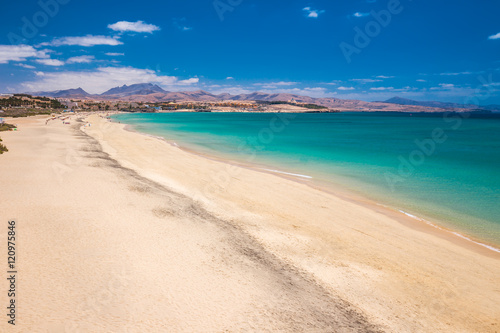 Costa Calma sandy beach with vulcanic mountains in the background, Jandia,  Fuerteventura island, Canary Islands, Spain. © Eva Bocek