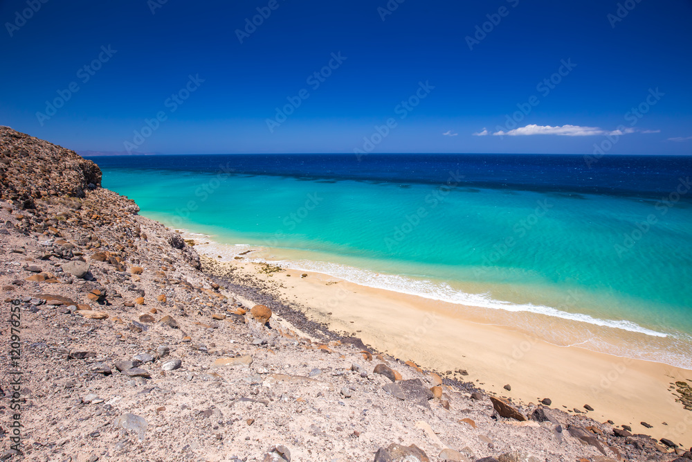 Esquinzo sandy beach with vulcanic mountains, Jandia, Fuerteventura, Canary Islands, Spain