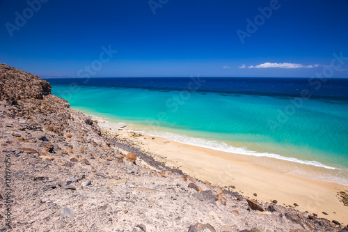 Esquinzo sandy beach with vulcanic mountains  Jandia  Fuerteventura  Canary Islands  Spain