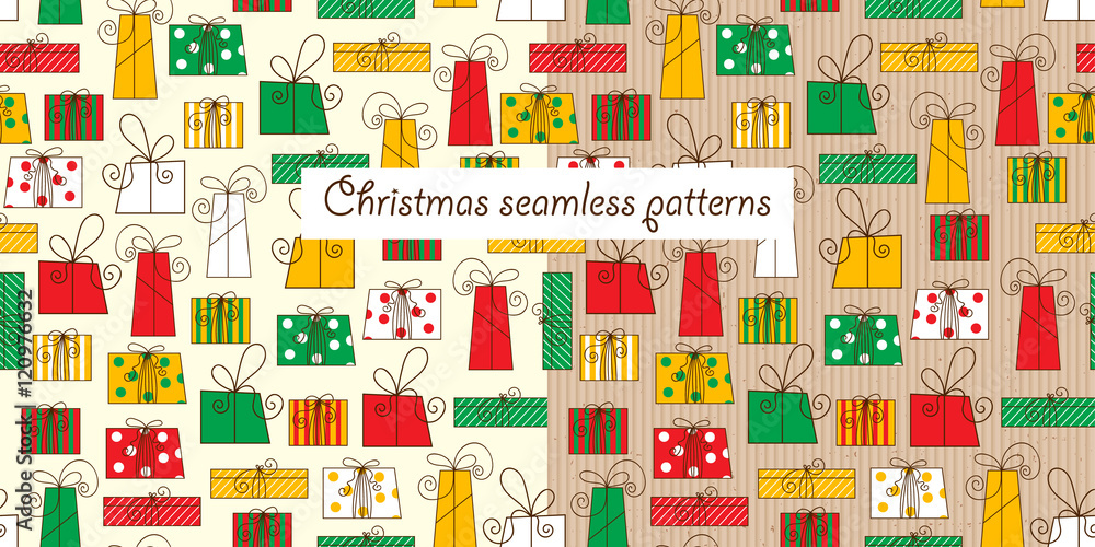 Christmas seamless patterns with cartoon gift boxes. Christmas seamless patterns with cartoon gift boxes.