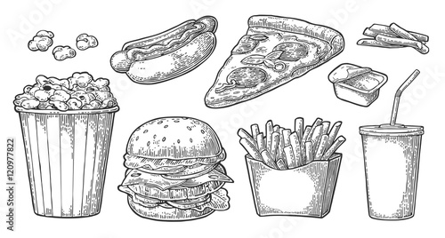 Set fast food. Glass of cola, hamburger, pizza, hotdog, fries potato in paper box, carton bucket full popcorn and ketchup.