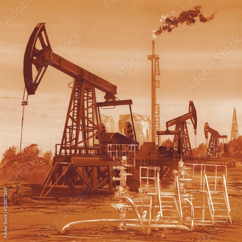 Oil production. Monochrome composition.