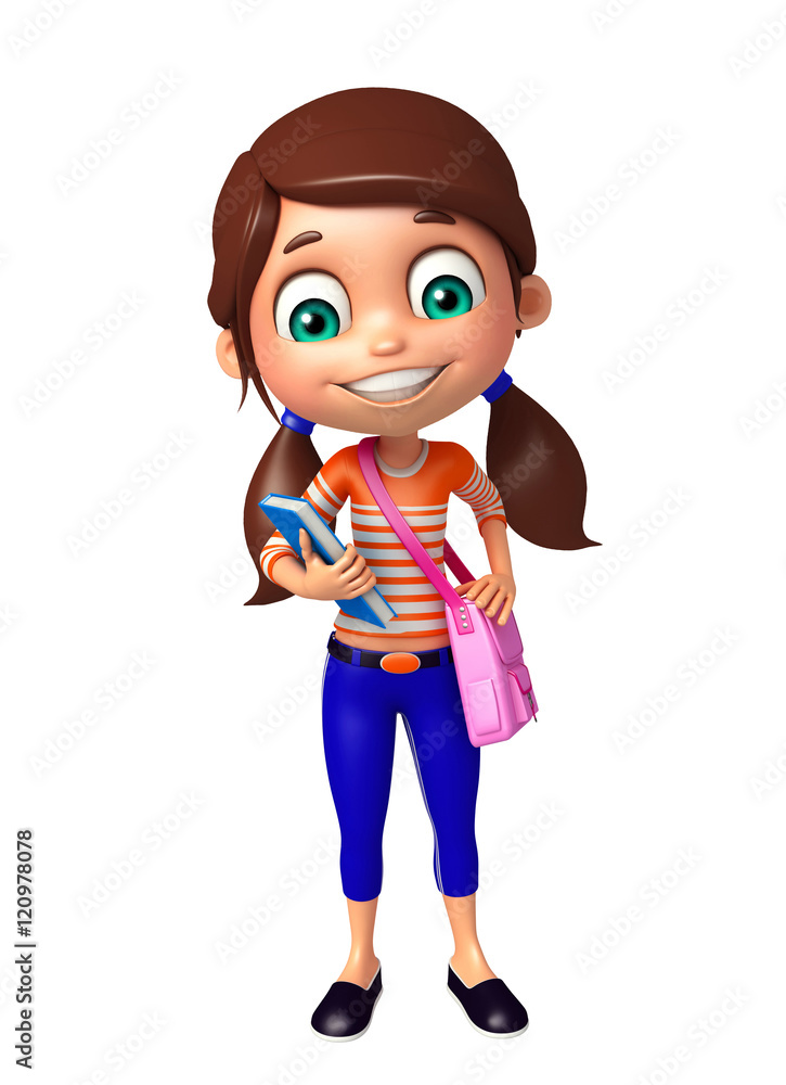 kid girl with School bag and Book