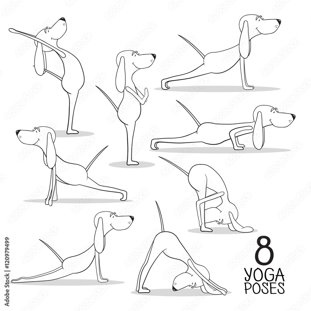 Vetor de Cartoon dogs show 8 yoga poses. Vector do Stock