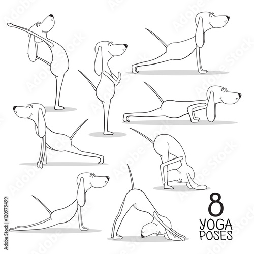 Cartoon dogs show 8 yoga poses. Vector