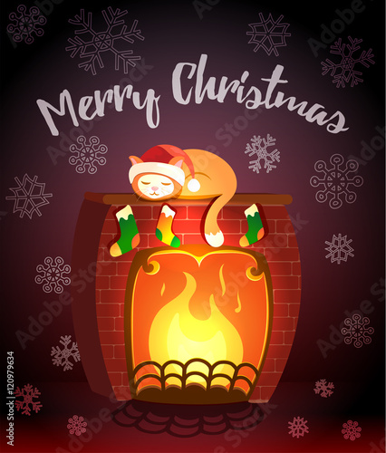 Christmas vector greeting card - cat sleeping on a fireplace