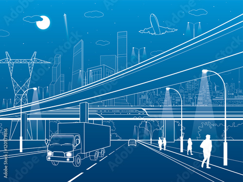 Car overpass, infrastructure, urban plot, airplane takes off, train move ob the bridge, neon city on background, truck on highway, white lines illustration, vector design art