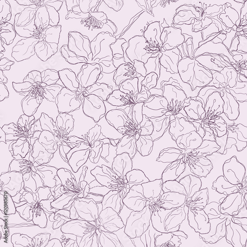 Hand drawn seamless pattern background line cherry blossom pink