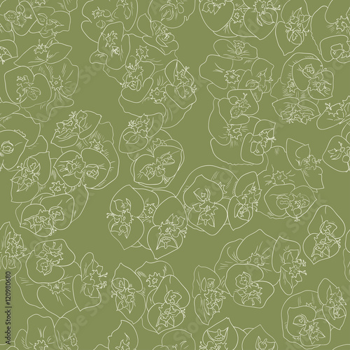 Seamless floral pattern background outline light beige on green