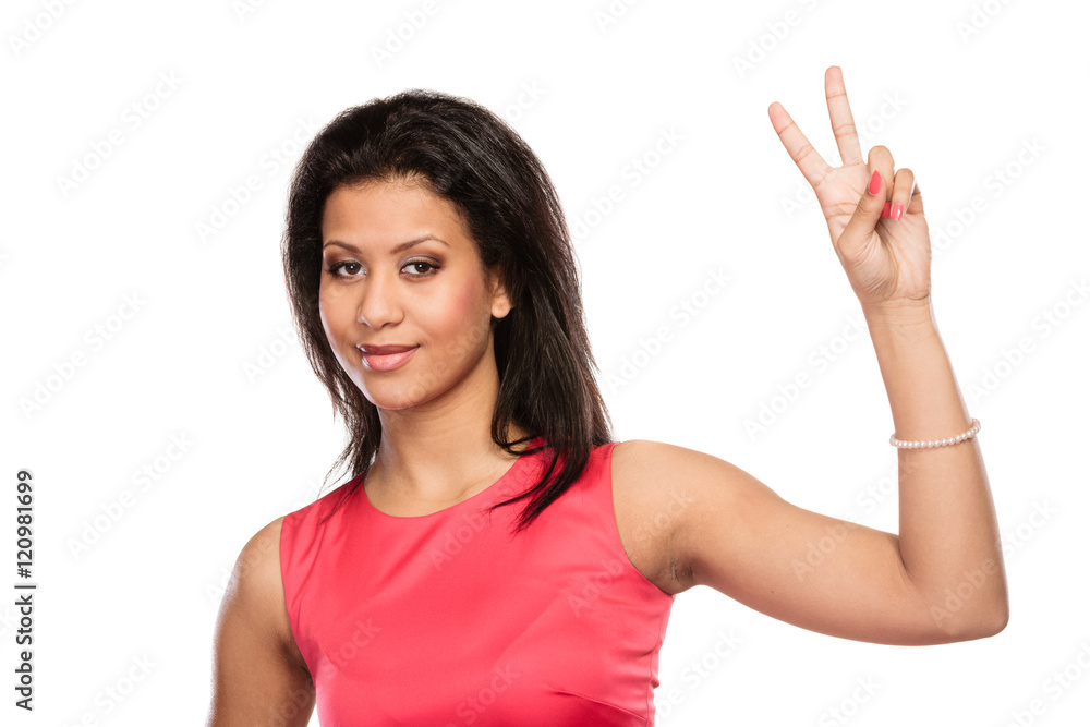 Mixed race woman girl giving peace v sign gesture. Mixed race woman girl giving peace v sign gesture.