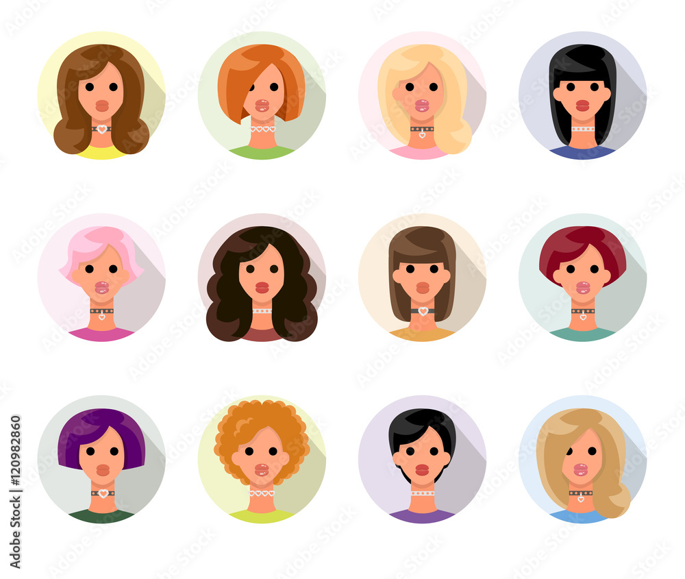 Set of girls avatars profile pictures. Cute portraits of beautiful young girls with various hairstyles. Flat vector illustration. Set of girls avatars profile pictures. Cute portraits of beautiful young girls with various hairstyles. Flat vector illustration.