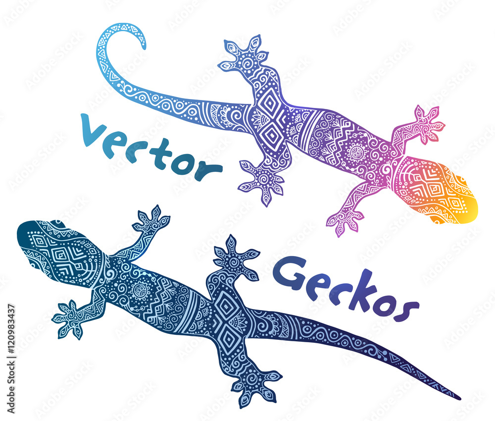Naklejka premium Vector gecko silhouettes with tribal ethno doodle ornament