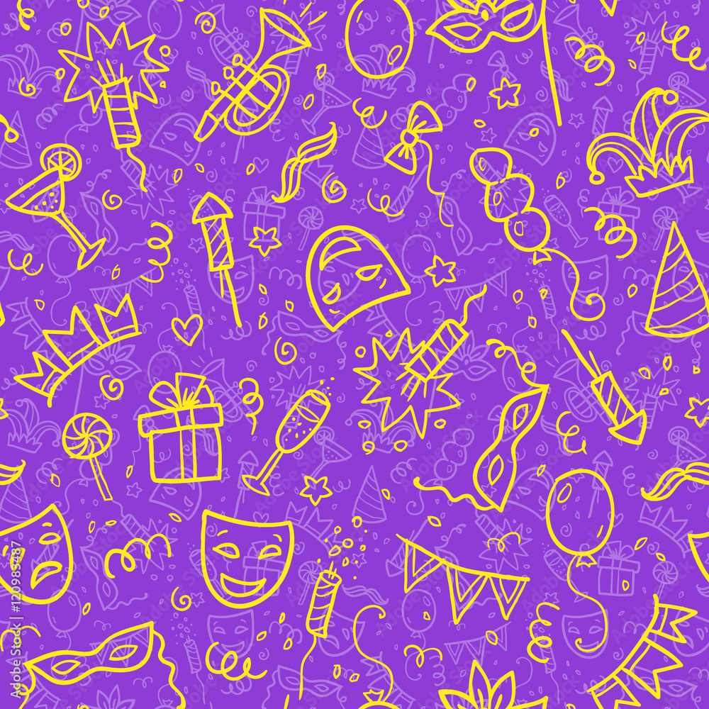 Yellow carnival symbols in doodle style on violet background, vector seamless pattern Yellow carnival symbols in doodle style on violet background, vector seamless pattern