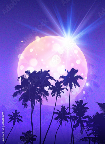 Pink shining moon with black palm trees silhouettes on violet background