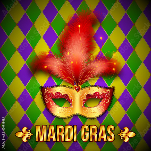 Gold and red vector carnival mask on colorful grid background