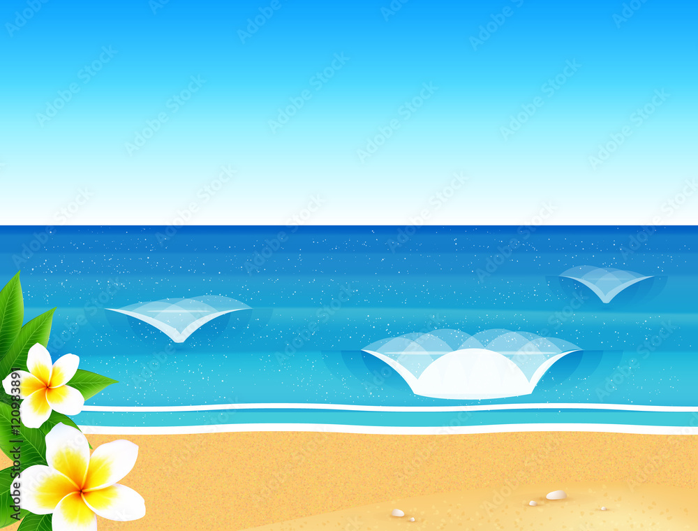 Vector sunny beach with waves and frangipani flower