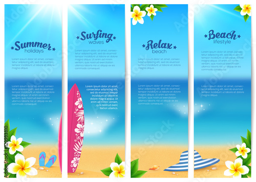 Set of four summer ocean beach vacation banners. Sea travel banners template.