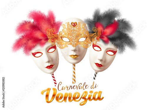 Vector realistic full face carnival masks with sign Carnevale di Venezia