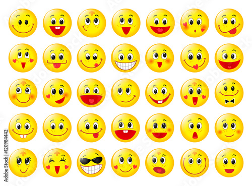 Yellow happy round emoticon faces vector set isolated on white
