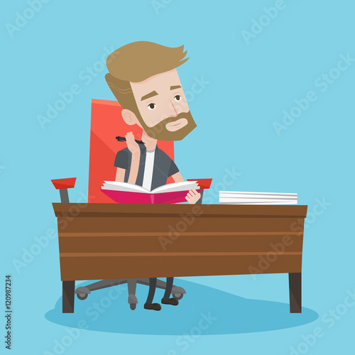 Student writing at the desk vector illustration.