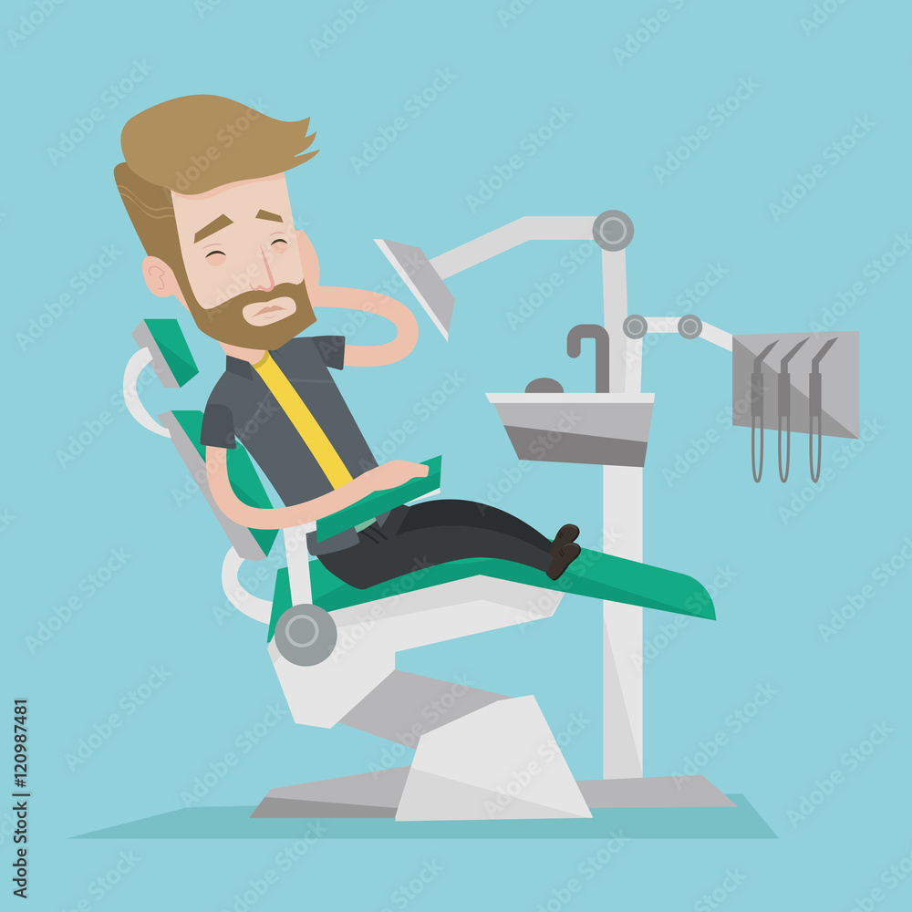 Man suffering in dental chair vector illustration.