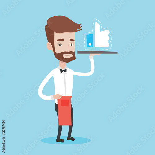 Waiter with like button vector illustration.
