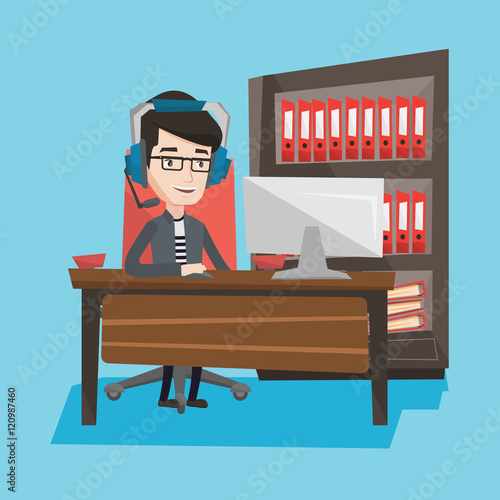 Man playing computer game vector illustration.