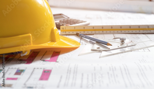 Basic instruments architect or construction engineer working , Construction concept. Engineering tools on work table.