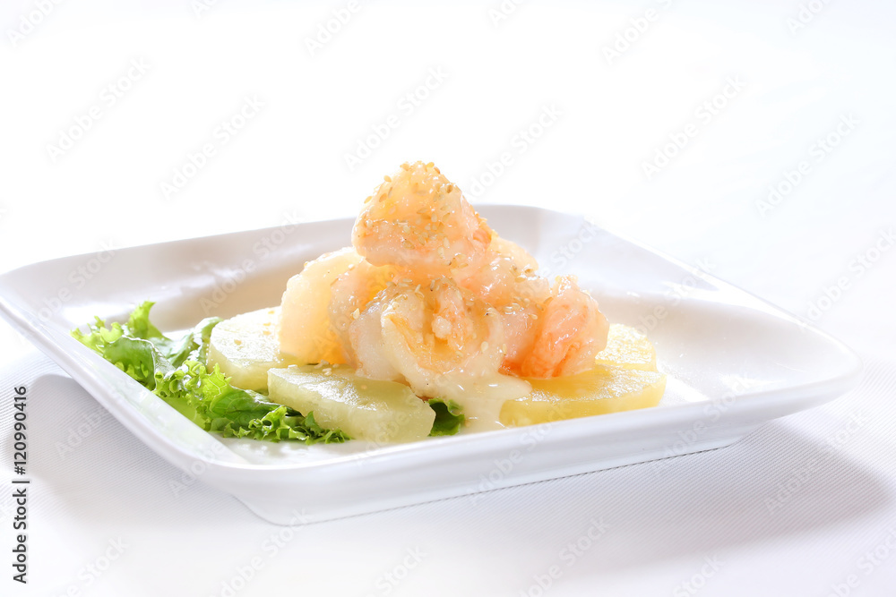 Steamed bread with pickled radish and herbs on white plate Steamed bread with pickled radish and herbs on white plate