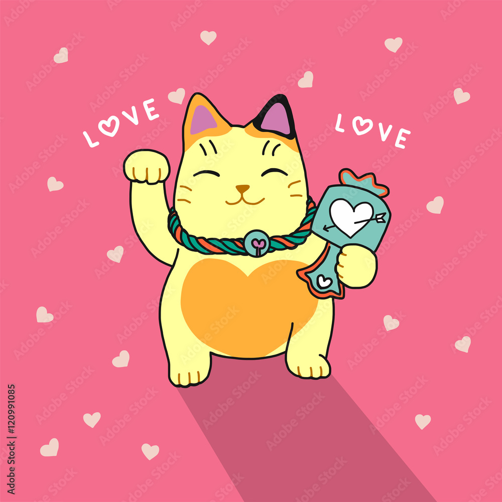 Cute lucky cat cartoon illustration on pink with heart background