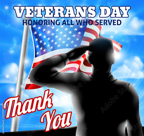 Silhouette Soldier Saluting American Flag Veterans Day Design